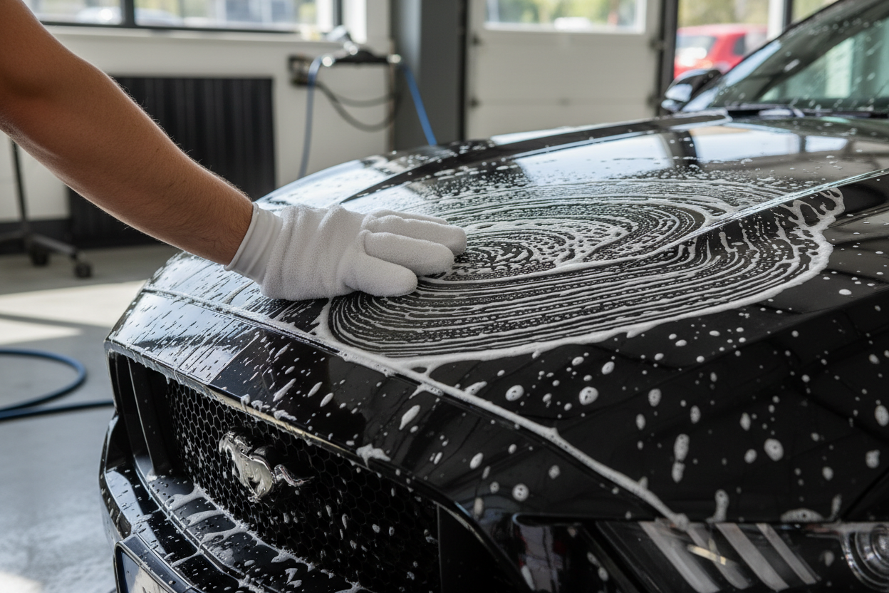 a black mustang getting washed with soap and a mit on the car